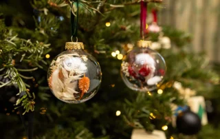 Two handmade baubles filled with dried flowers and grasses hanging on a Christmas tree with fairy lights