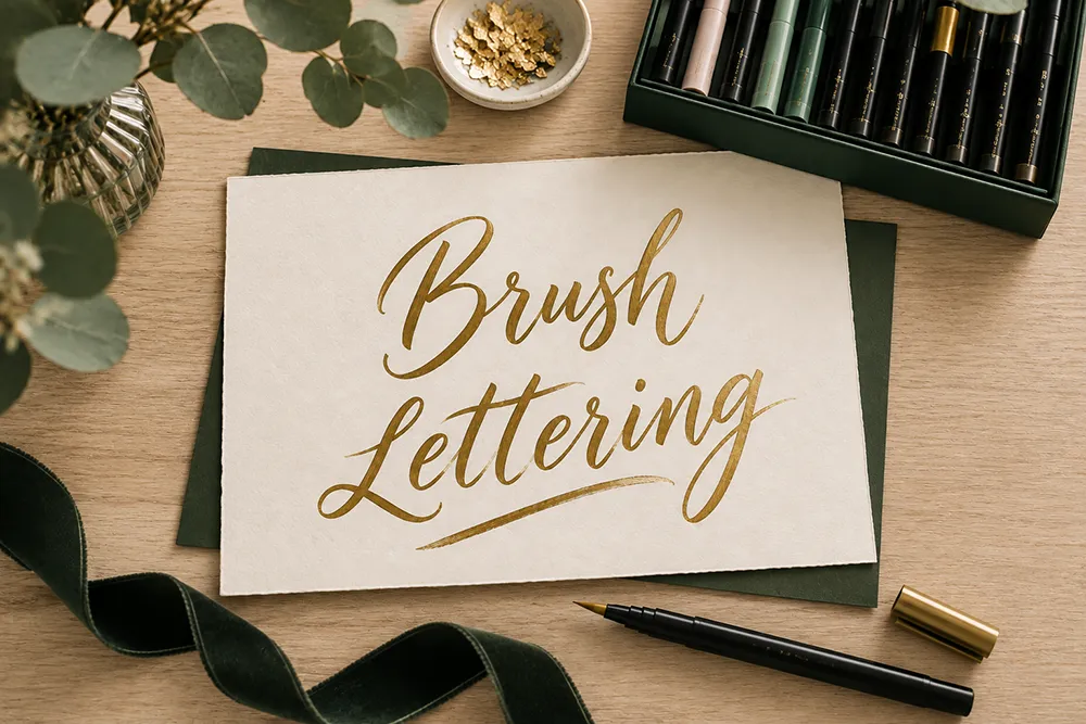 Beginner Brush Lettering Workshop Gold brush lettering artwork displayed with pens and workshop materials
