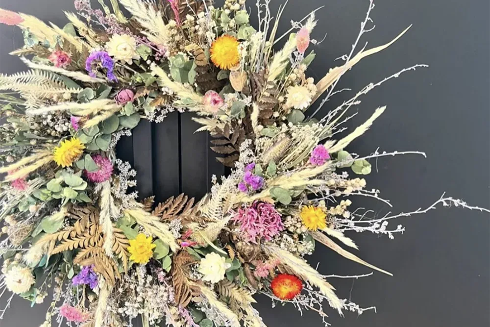 Dried Flower Wreath Workshop Colourful handmade wreath created with dried flowers and grasses
