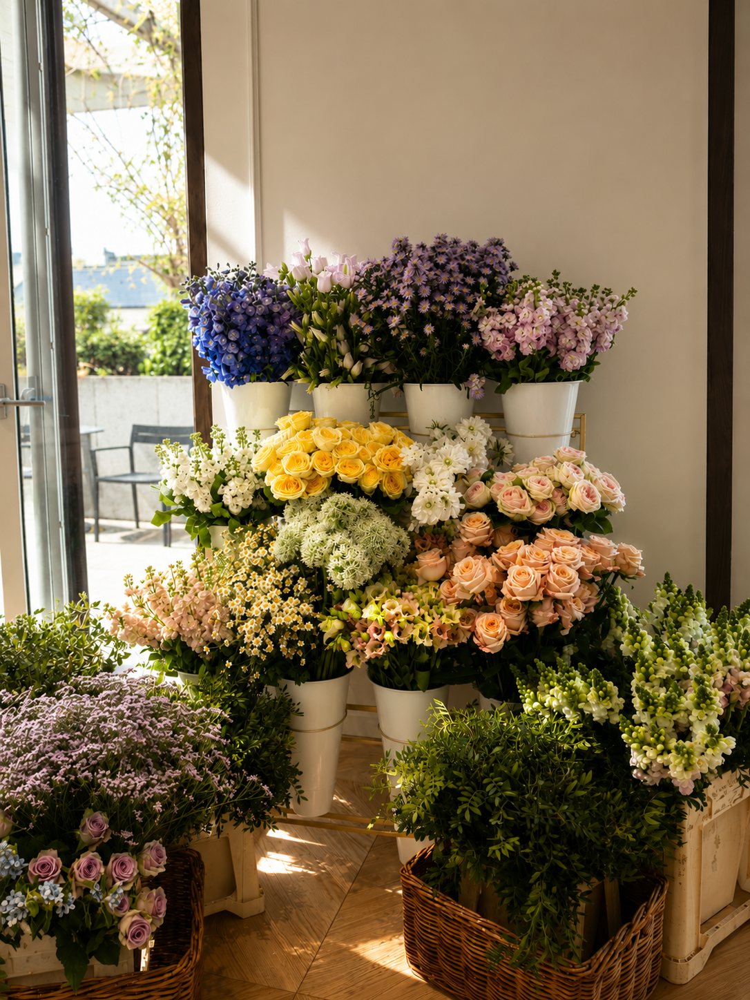 Market-Style Seasonal Flower Display Market-style display of seasonal flowers including roses, delphiniums and stocks in white buckets and wicker baskets